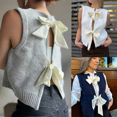 women's Knitted vest, cardigan bow vest girl sweater jacket