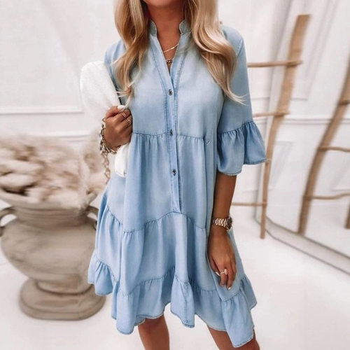 women's five quarter sleeve medium length denim dress skirt