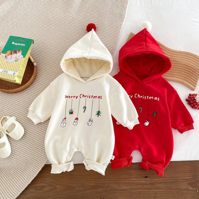 Baby's trendy Christmas jumpsuit, newborn with fleece hood