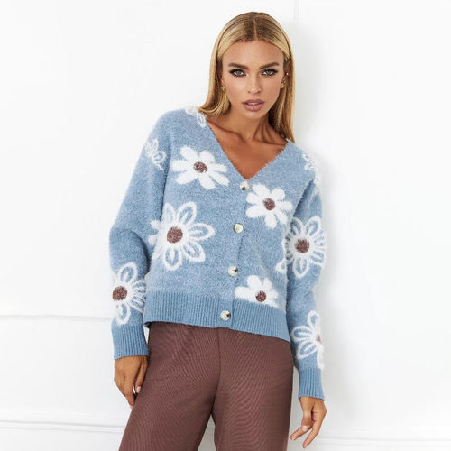 Women's short flower knitted cardigan V-neck sweater coat