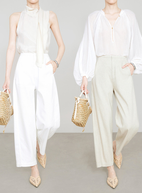 夏莫卡九分亚麻裤静奢白色裤子女春夏新品通勤显瘦直筒奶奶裤7888