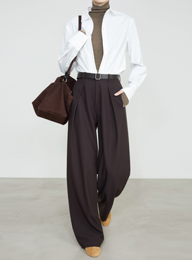 夏莫卡可机洗蚕丝醋酸羊毛西装裤女秋季新款美拉德棕色阔腿裤9652