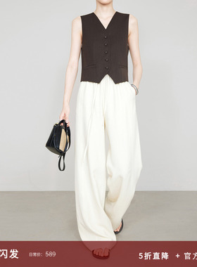 夏莫卡重磅亚麻裤松紧腰休闲裤女薄显瘦米白色汉麻阔腿裤加长7885