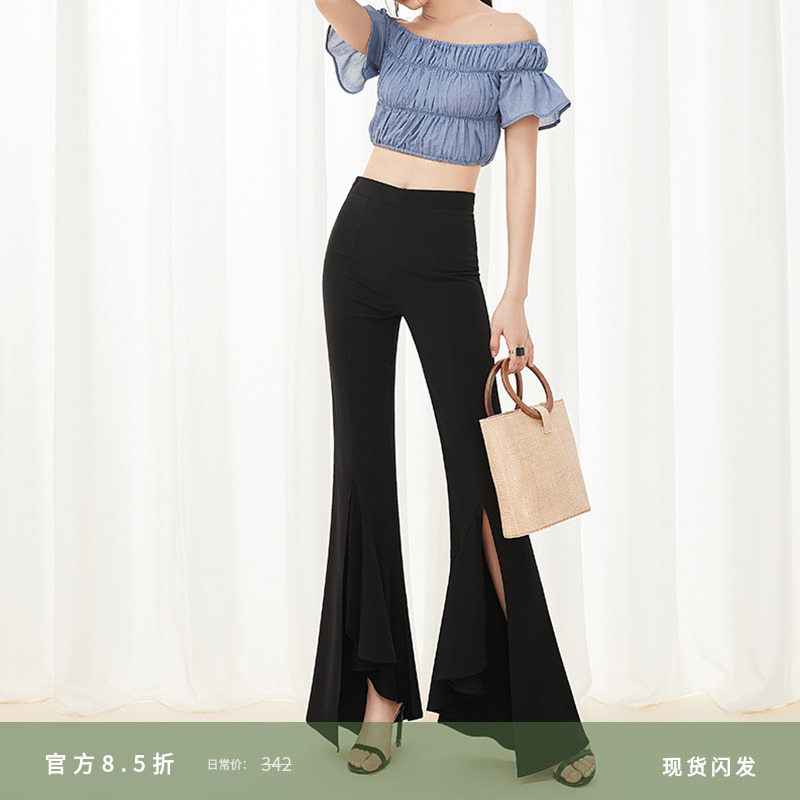 夏莫卡复古荷叶边长腿担当喇叭裤