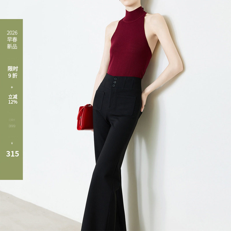 夏莫卡鱼骨腰封喇叭裤女春夏新款显瘦弹力塑形A4腰黑色微喇裤9748