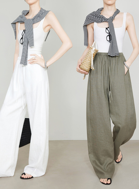 夏莫卡白色直筒裤女春夏新款松紧腰老钱风裤子100%亚麻裤加长7856