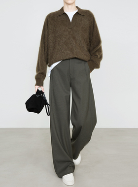 夏莫卡榉木色窄版阔腿裤女秋冬软垂感天丝羊毛直筒西装裤加长9738