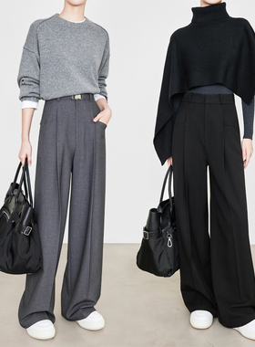 夏莫卡羊毛西装裤女格雷系灰色长裤显瘦黑色裤子宽松阔腿裤7661