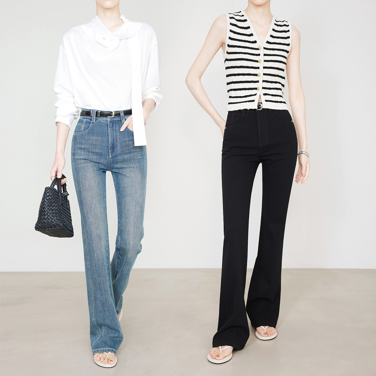 夏莫卡牛仔喇叭裤女春夏新款修身显瘦微喇裤黑色超模裤子加长8315