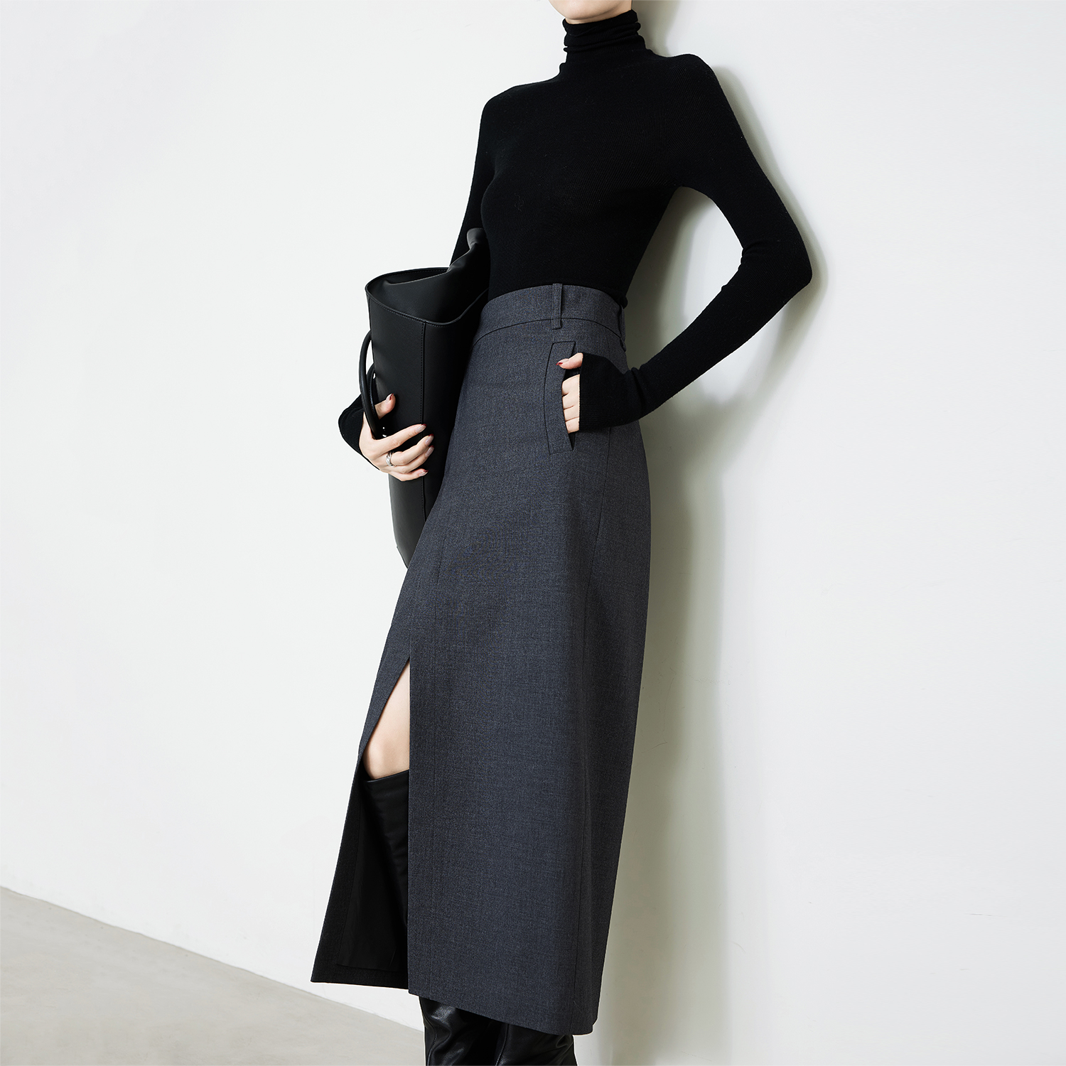 夏莫卡铜氨羊毛灰色高腰半身裙