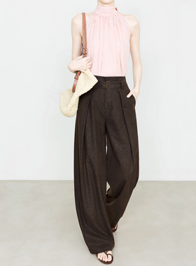 夏莫卡天丝木棉咖色阔腿裤女春夏新款OL通勤松弛感垂感西装裤9787