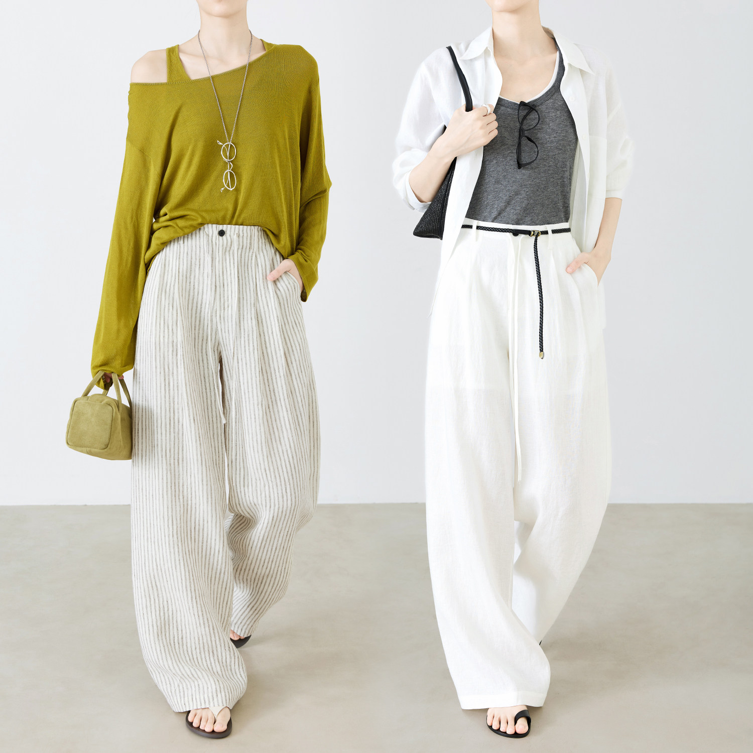 夏莫卡白色亚麻裤女2026新款老钱风裤子宽松休闲条纹阔腿裤7001