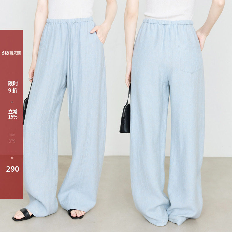 夏莫卡轻氧亚麻裤女夏薄款裤子宽松bf慵懒风松紧腰弯刀裤加长6898