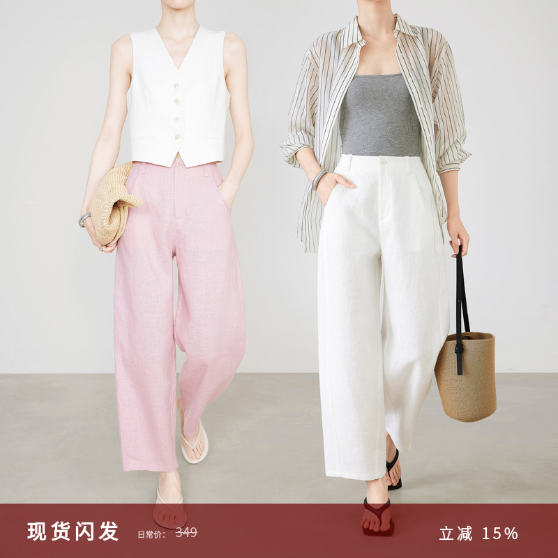 夏莫卡重工绣花100%亚麻弯月裤