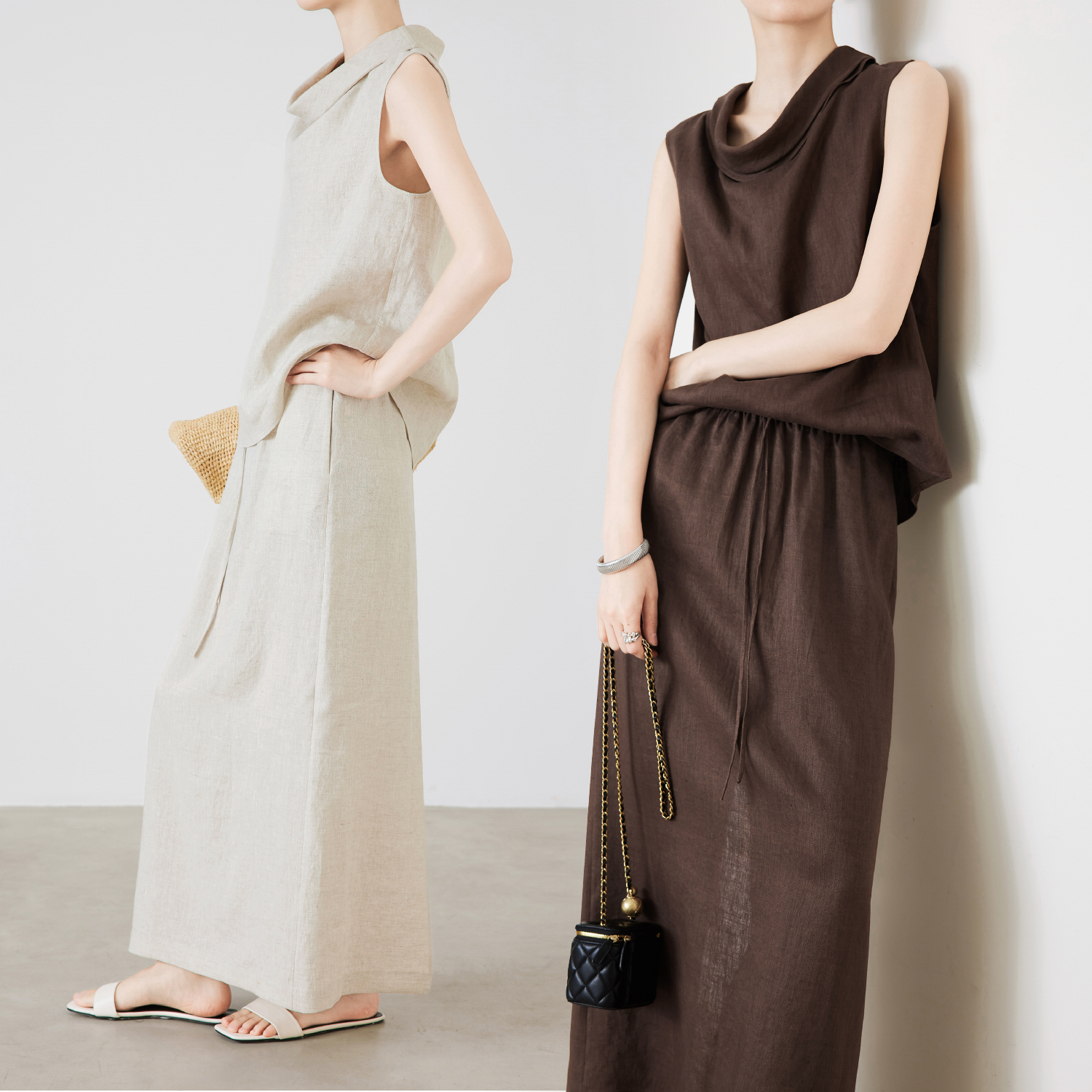 夏莫卡慵懒松弛背心衬衫半裙套装