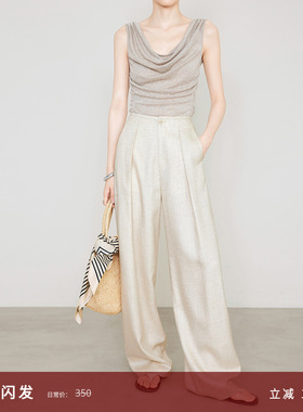 夏莫卡莱赛尔天丝亚麻裤女夏薄款窄腰显瘦燕麦米色阔腿裤加长6823