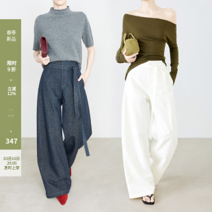 弧形香蕉阔腿裤 女2026新款 7016 解构弯刀裤 夏莫卡白色牛仔亚麻裤