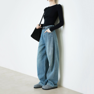 夏莫卡复古蓝牛仔裤女春新款解构风阔腿裤雅痞牛仔香蕉裤加长733