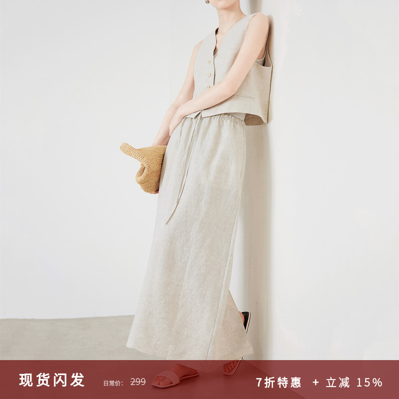 夏莫卡松弛感亚麻马甲半裙套装