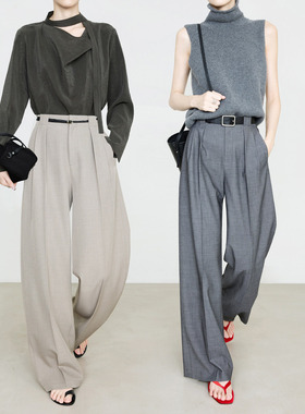 夏莫卡高智感阔腿裤女2026新款贵气老钱极简风通勤灰色西装裤7994