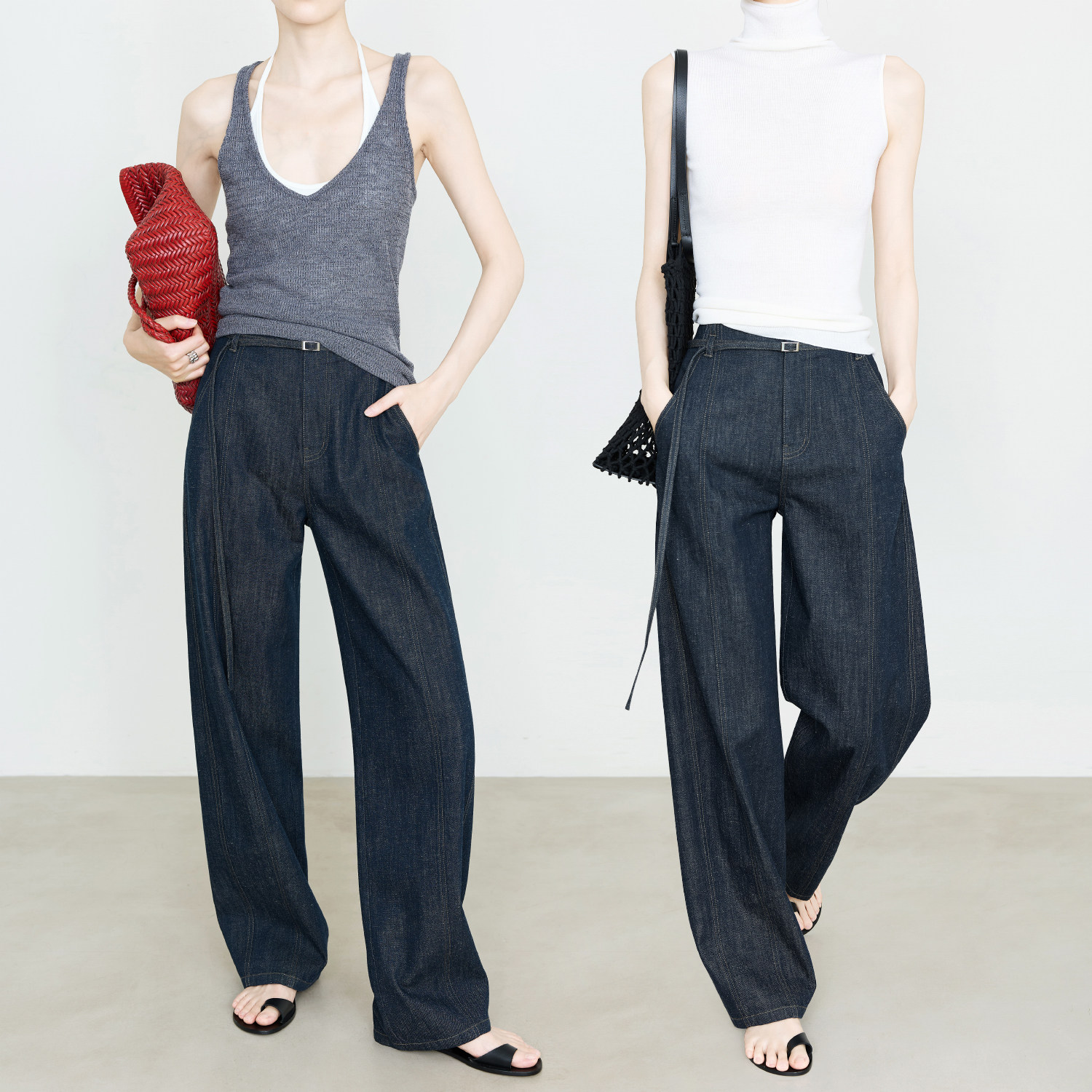 夏莫卡原牛蓝牛仔裤女夏新款复古极简宽松显瘦直筒锥形裤轻薄6915