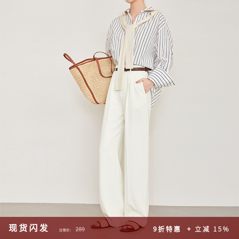 夏莫卡松弛老钱风质感白色阔腿裤