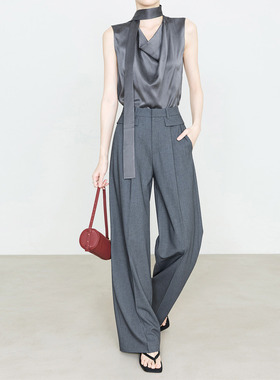 夏莫卡裙帘灰色西装裤女2026新款天丝羊毛直筒裤设计感屁帘裤6906