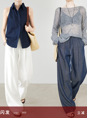 夏莫卡牛仔蓝亚麻阔腿裤女夏季新款松紧腰休闲裤直筒白色裤子9670