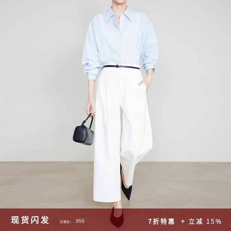 夏莫卡白色九分裤女春夏季老钱风西装裤斜纹棉显瘦九分直筒裤6777