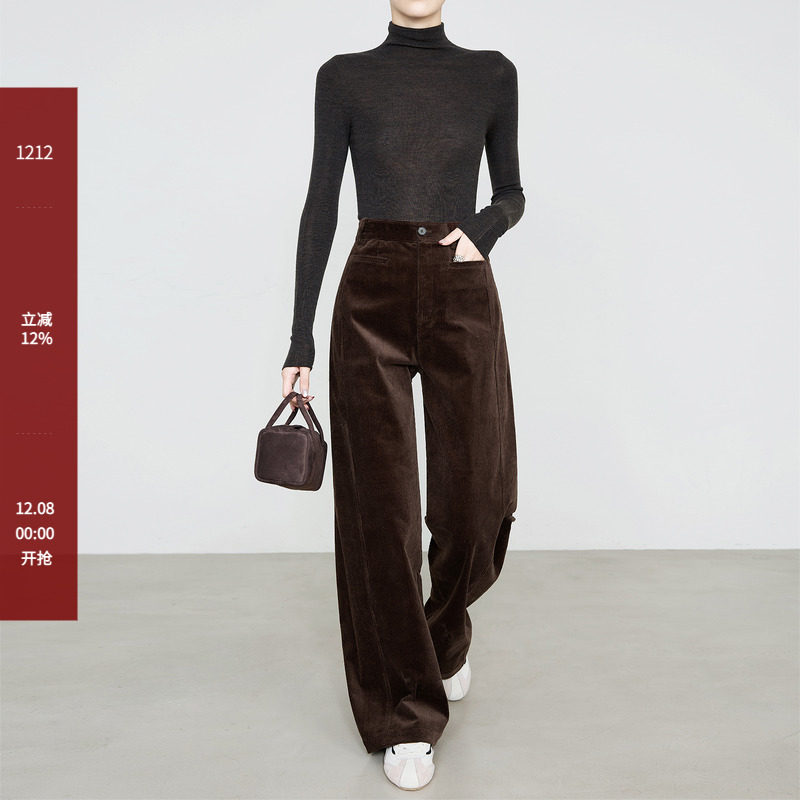 夏莫卡复古咖色弹力灯芯绒阔腿裤