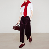 夏莫卡灯芯绒九分裤 7795 显瘦直筒条绒裤 时髦复古酒红色裤 子女新款