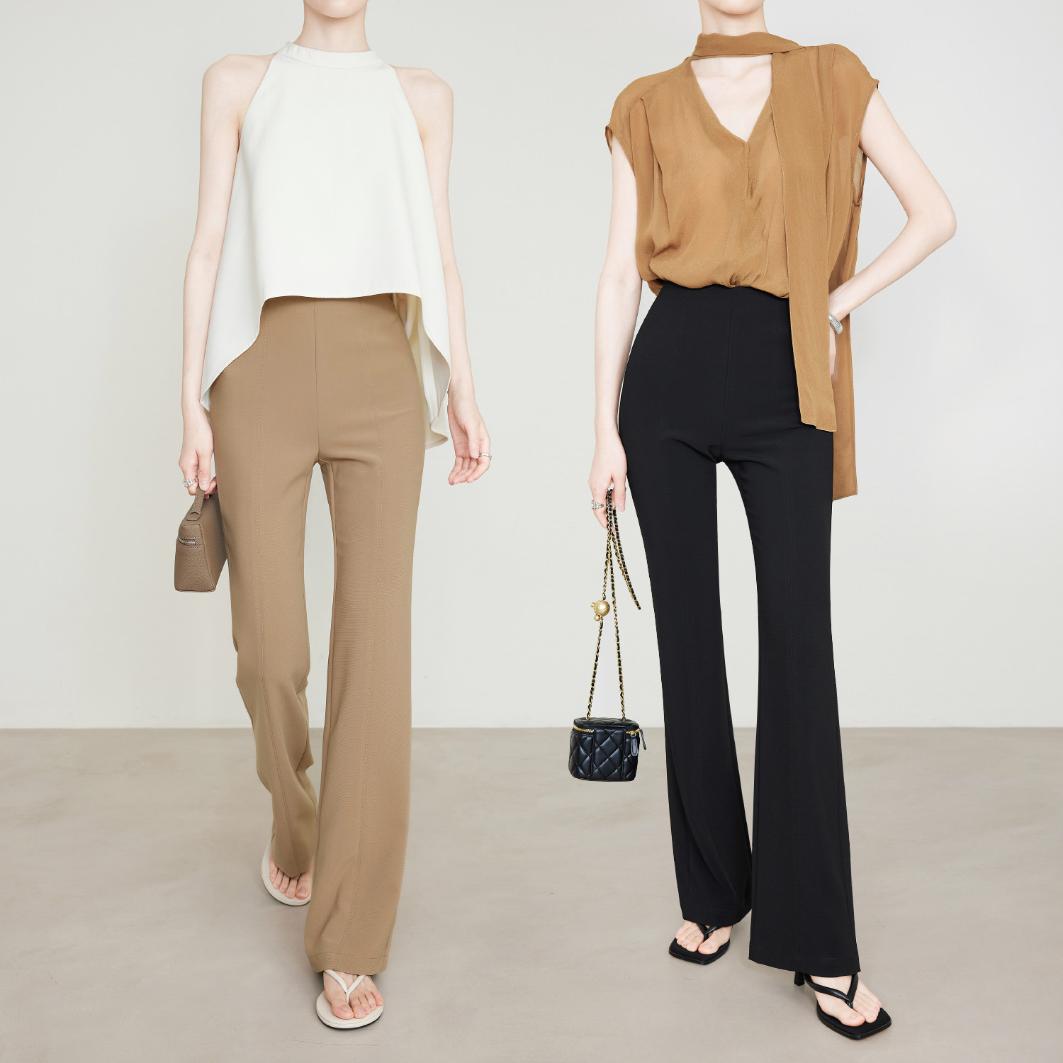 夏莫卡黑色喇叭裤夏新品高腰微喇西装裤弹力显瘦超模裤子加长9575