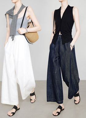 夏莫卡汉麻牛仔裤夏季新品松紧腰九分阔腿裤女白色亚麻气球裤7886