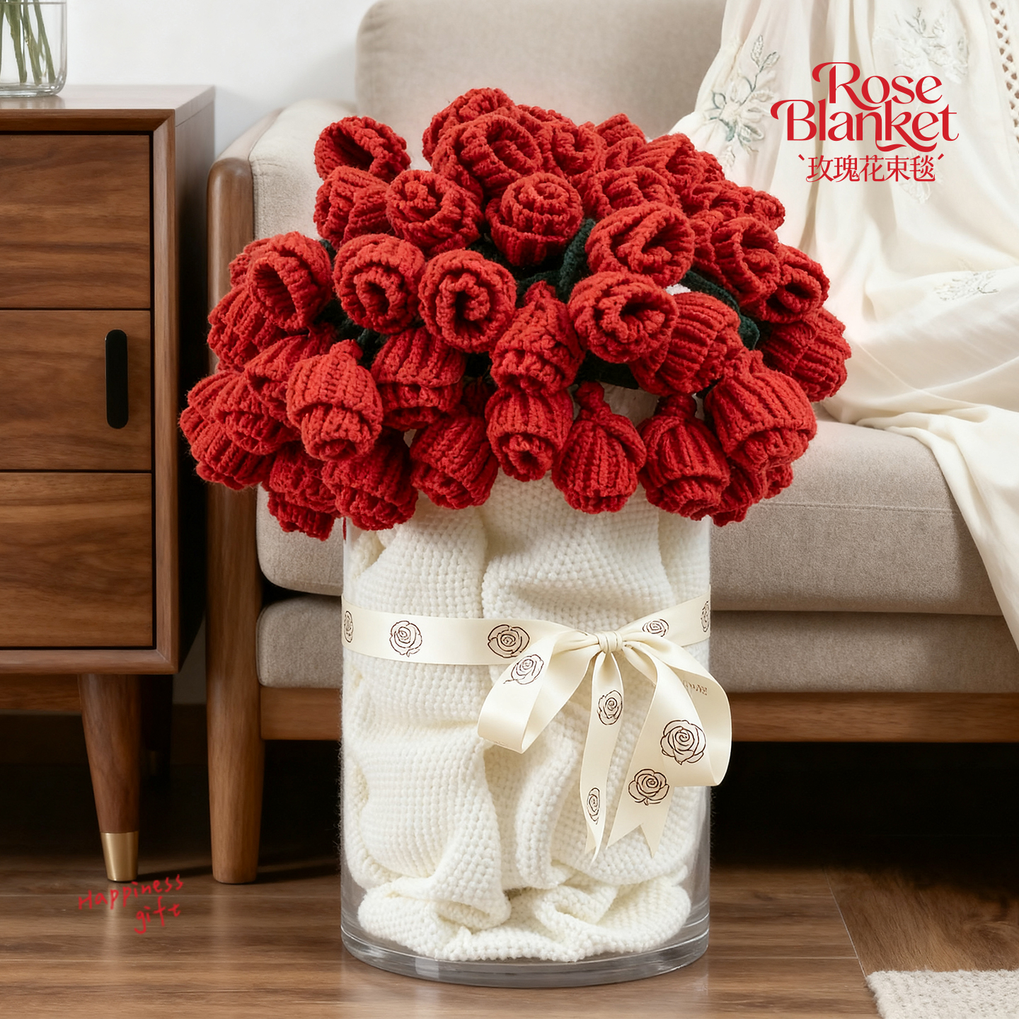 2025年新款红色玫瑰花毯diy手工成品编织毛线花束毯子送女友礼物