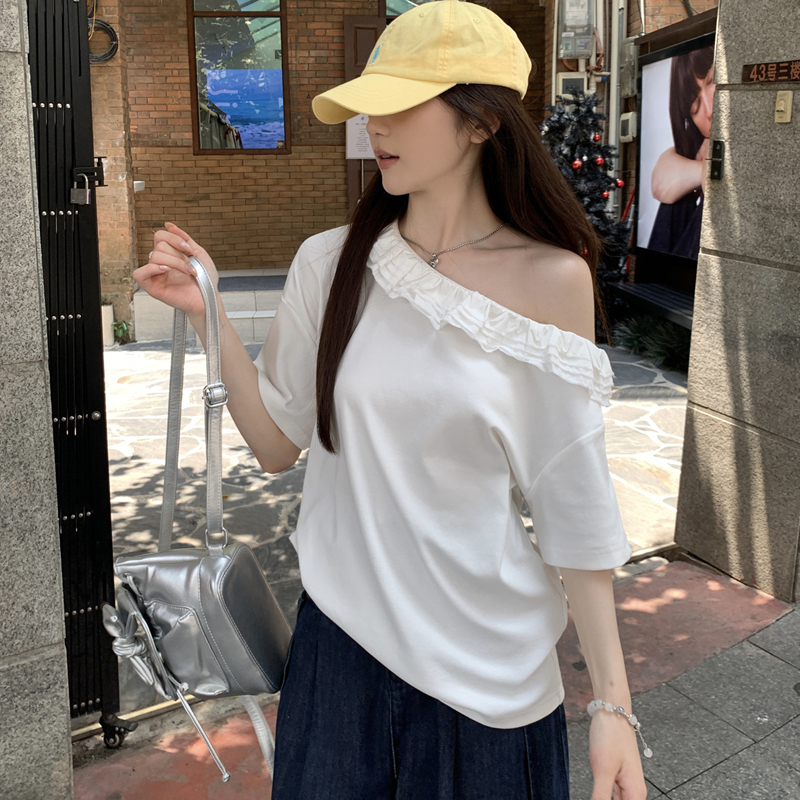 纯棉露肩短袖t恤女绝美斜肩上衣