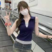 美式纯棉短袖t恤女夏2025新款修身 假两件小个子高腰短款无袖上衣