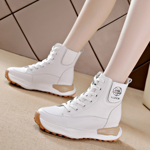 小白鞋女2025秋季新款女鞋子爆款厚底内增高显瘦真皮高帮老爹鞋女