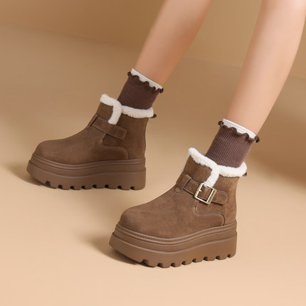 7CM内增高雪地靴女2025冬季新款复古风加绒保暖真皮厚底百搭棉鞋