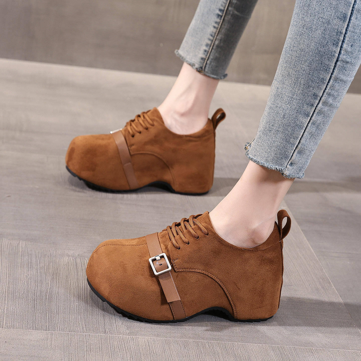 8cm内增高勃肯鞋女2025新款秋冬厚底小个子美拉德休闲大头面包鞋