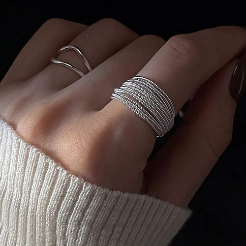 925纯银多层线条蕾丝食指戒指女