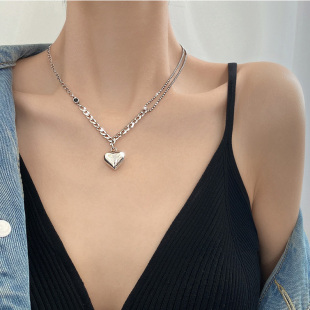 复古925银爱心吊坠不对称项链女2026新款 高级感轻奢小众配饰45cm