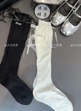 烫钻字母蝴蝶结飘带小腿袜及膝袜