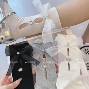 韩系小众镂空水钻蝴蝶结袜子女春夏薄款 格雷系纯欲风设计感中筒袜