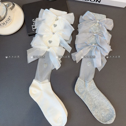 春夏薄款水钻爱心蝴蝶结小腿袜子