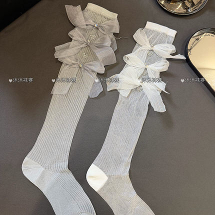 春夏薄款纯欲风水钻爱心蝴蝶结小腿袜子女甜美风小众设计感长筒袜