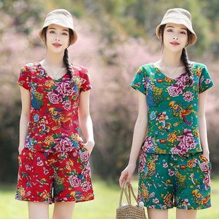 女夏季 T恤上衣薄款 民族风大花棉麻套装 短袖 两件套 V领小衫 休闲短裤