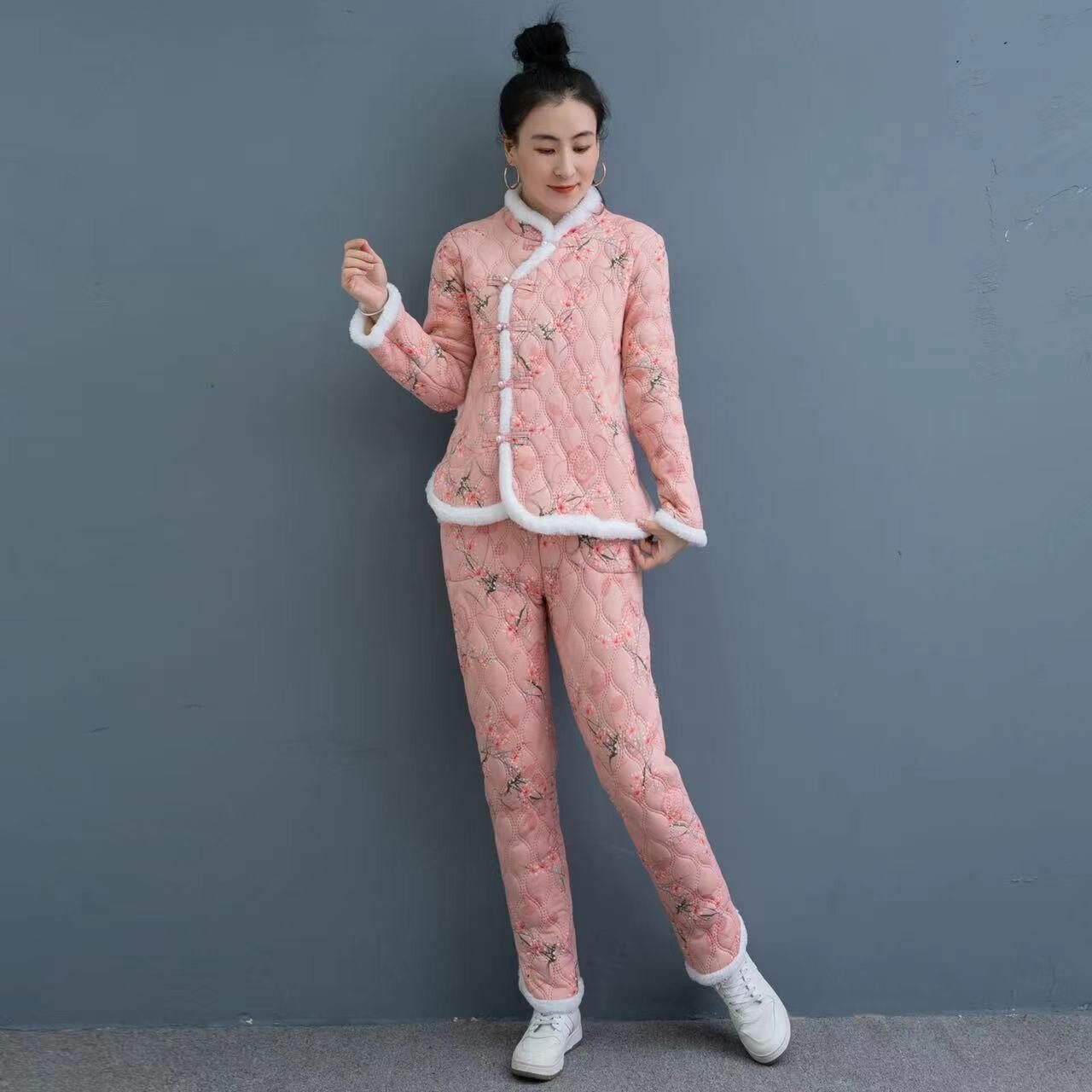 东北大花袄女冬季加绒加厚民族风碎花棉服棉裤套装洋气唐装花棉袄