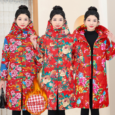 东北大花棉袄女款冬季连帽加厚保暖棉衣中长款过膝棉服过年外套