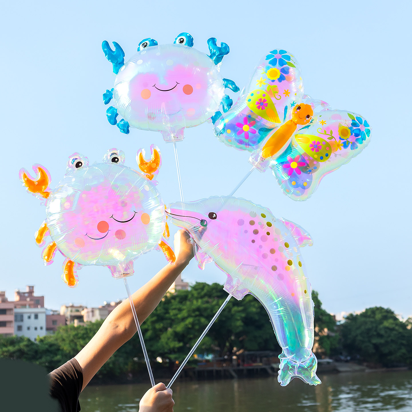 网红炫彩手持夹片气球运动会开学仪式感入场氛围布置生日道具礼品
