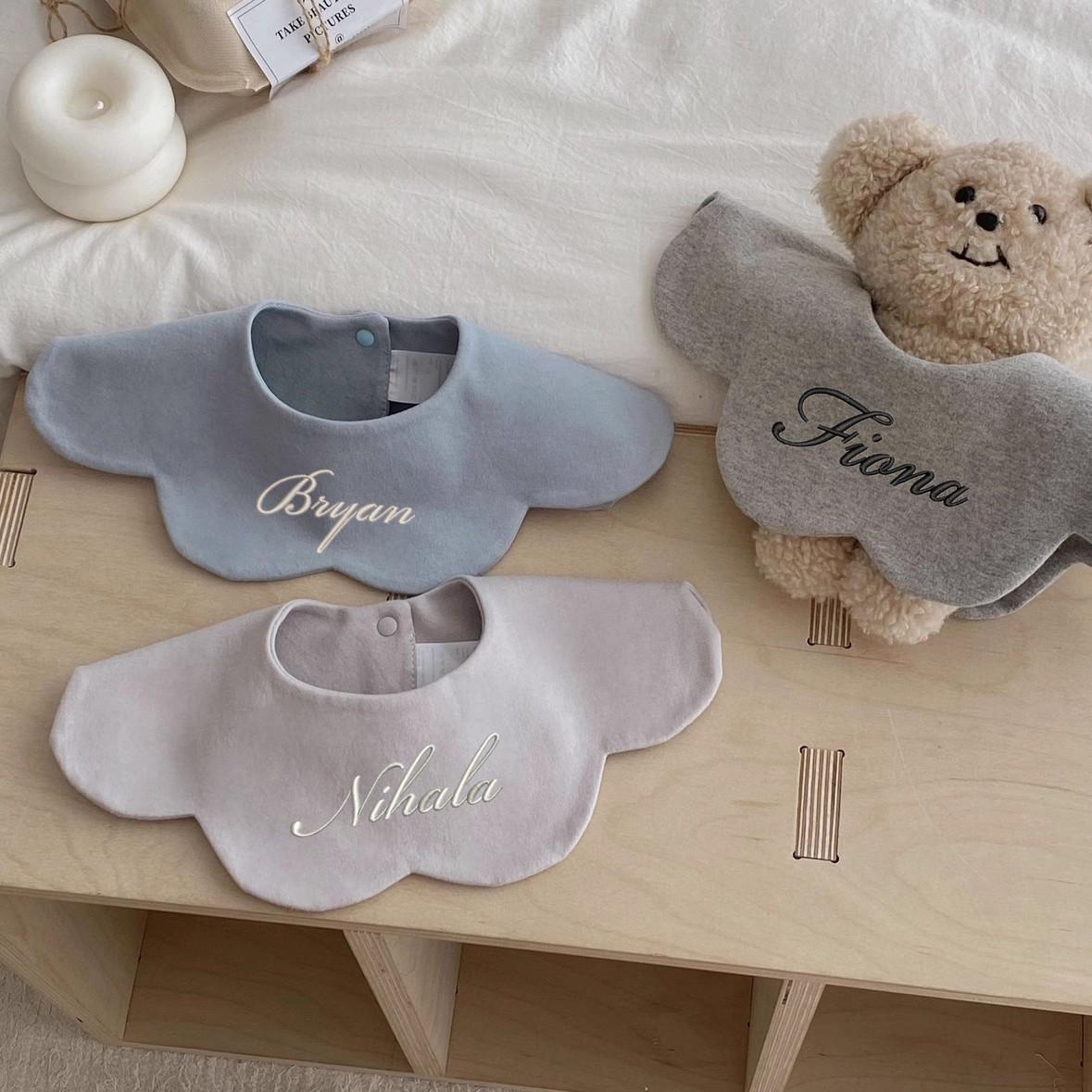 【定制名字】ins风莫兰迪纯色婴幼儿口水巾纯棉花瓣围嘴围兜